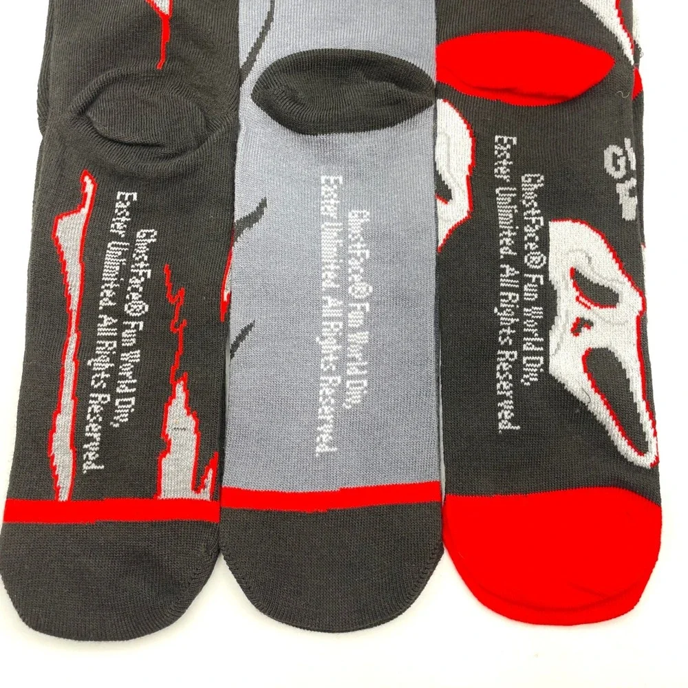 NEW Ghost Face Scream Crew Socks Lot 3 Pairs Fun World Horror Black Red Gray
